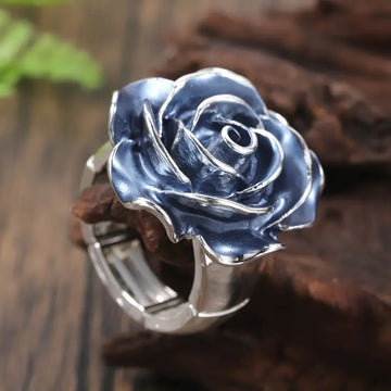 Silver Tone Blue Enamel Rose Flower Ring Sizes 6-10