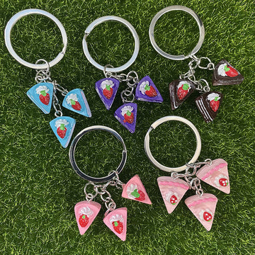 Three Charm Strawberry Layer Cake Split Ring Keychains in Five Colors