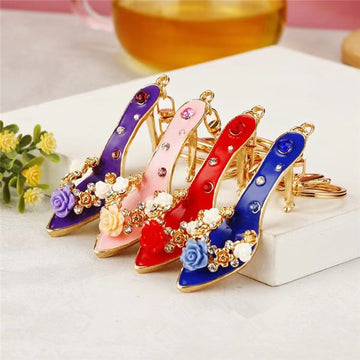 Enamel High Heel Keychain Rhinestone Rose Shoe Bag Charm