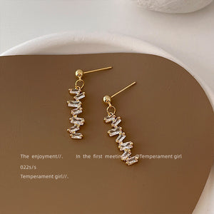 Gold Zigzag Baguette Drop Earrings Clear Stone Dangles