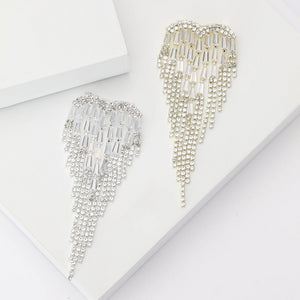 Rhinestone Heart Tassel Brooch Fringe Drop Silver or Gold