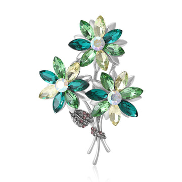 Crystal Three Flower Bouquet Brooch Blue Purple Green