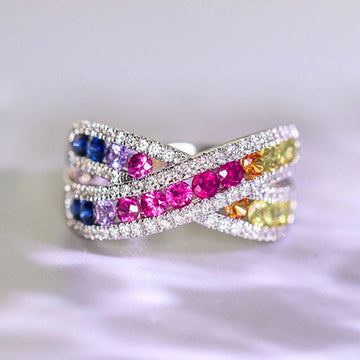 Multicolor Crisscross Wide Band Ring In Polished Silver Tone