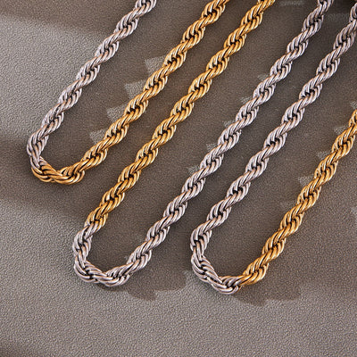 Grouped style view of two tone gold and silver rope chain necklace in main image 1.