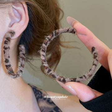 Oversized Fuzzy Leopard Geometric Hoop Earrings