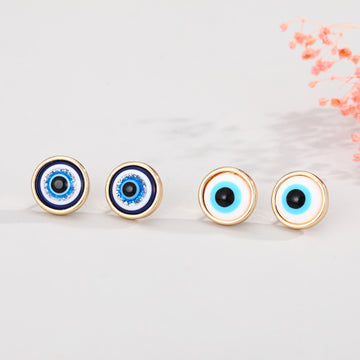 Round Blue Evil Eye Stud Earrings in Three Tone Combinations