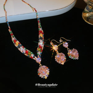 Pink Heart Necklace or Drop Earrings with Multicolor Cubic Zirconia, Gold-Tone