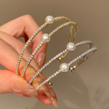 Silver Double Row Open Pearl Rhinestone Cuff Bangle