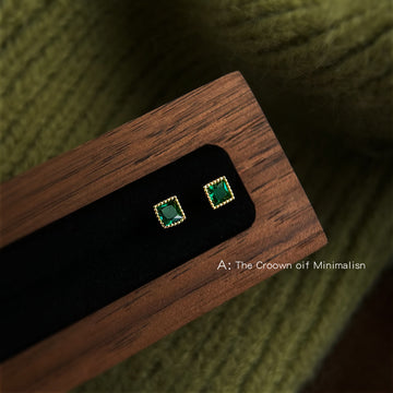 Green Square Stone Mini Stud Earrings In Silver And Gold Tone