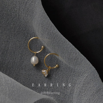 Gold Tone White Pearl And Rose Flower Asymmetric Hook Earrings