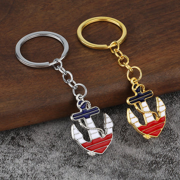 Metal Nautical Anchor Keychain, Red White And Navy, Gold Or Silver Tone