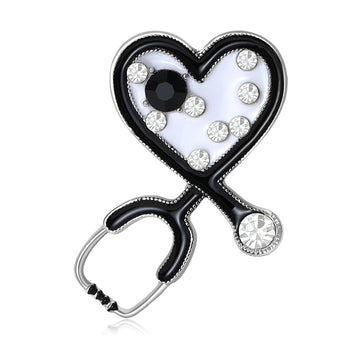 Heart Stethoscope Brooch In Metal With Colored Enamel, Floating Crystals, And A Crystal