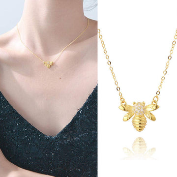 Gold Tone Bee Pendant Necklace Clear CZ Accent Fine Chain
