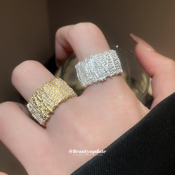 Wide Textured Open Cuff Band Ring Gold Silver 2 Colors