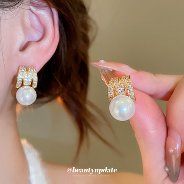 Gold Tone Crystal Letter M Earrings with Pearl Drops