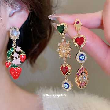 Gold Tone Multicolor Asymmetric Heart Charm Earrings