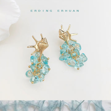 Gold Tone Shell Aqua Glass Chip Cluster Earrings In Clip And Stud Styles