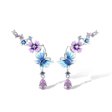 Blue Purple Enamel Butterfly Flower Drop Earrings White Metal