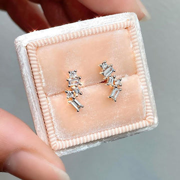 Silver Geometric Baguette Round Clear Stone Stud Earrings