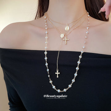 Silver Multi Layer Pearl Cross Medal Necklace Four Piece Set