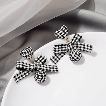 Black White Houndstooth Heart Bow Fabric Drop Earrings
