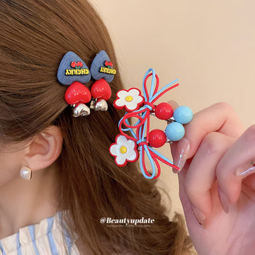 Red Blue Flower Leather Bow Bead Duckbill Hair Clip