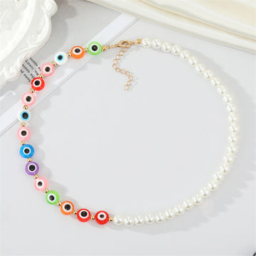 Faux Pearl and Multicolor Evil Eye Beaded Necklace