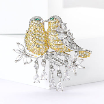 Two-Tone Crystal Lovebird Branch Brooch With Dangling Accents