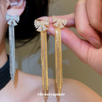 Crystal Bow Chain Tassel Stud Earrings Fashion Jewelry Accessory