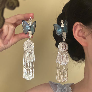 Blue Butterfly Silver Filigree Long Tassel Duckbill Hair Clip