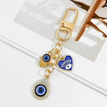 Blue Evil Eye Keychain With Rhinestone Teardrop And Hamsa Hand