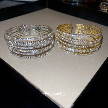 Wide Multirow Round Crystal Open Cuff In Gold Or Silver Tone