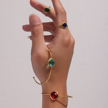 Gold Thin Open Bangle Cushion Czech Glass Center Stone