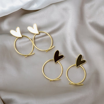 White Heart Gold Tone Open Round Statement Stud Earrings
