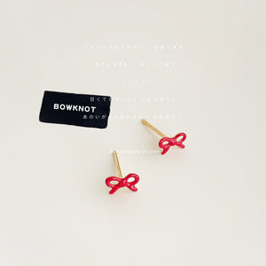 Mini Red Enamel Bow Knot Stud Earrings Gold-Tone Posts