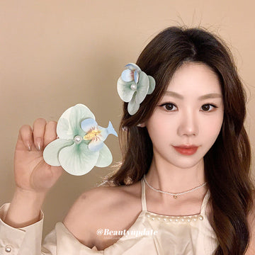 Pale Green And Blue Orchid Hair Clip With Pearl Like Center
