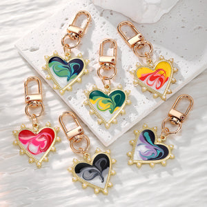 Enamel Marbled Heart Keychain with Pearl-Look Beaded Edge and Gold Clip