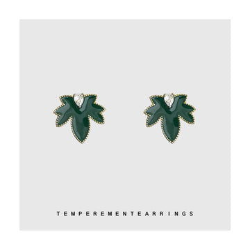 Dark Green Enamel Maple Leaf Earrings Gold Beaded Edge Crystal