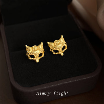Gold Matte Sandblast Fox Mask Openwork Stud Earrings