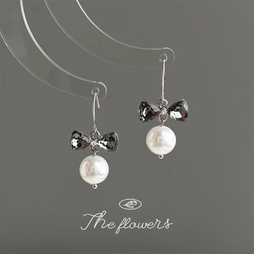 Silver Bow Hook Earrings with Grey Crystal and Pearl Drops