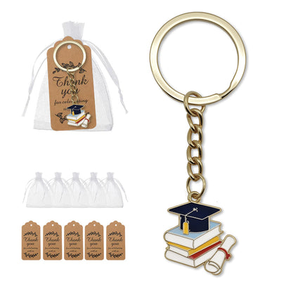 Grad cap book diploma keychain with organza bags and kraft tags