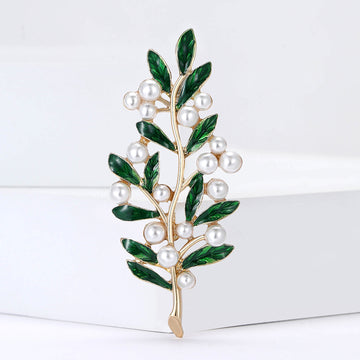 Green Enamel Leaf Branch Brooch with White Faux Pearls