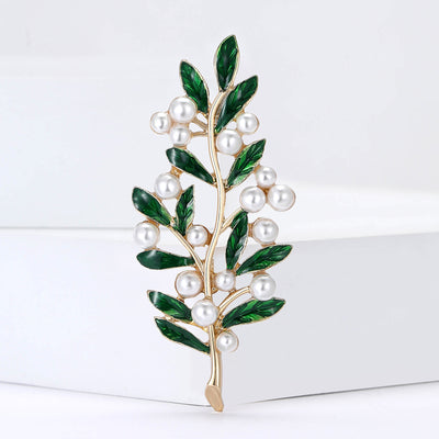 Green Enamel Leaf Branch brooch shown in front product view