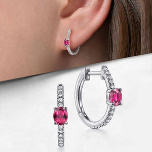Silver Pink Oval Center Clear Pavé Huggie Earrings