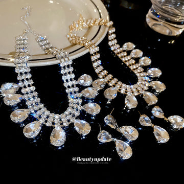 Clear Teardrop Crystal Multi Row Necklace Earring Sets