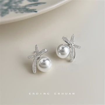 Silver Tone Clear Stone Bow And Large White Pearl Stud Earrings