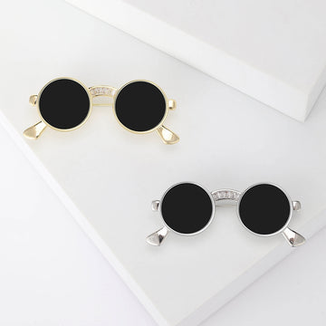 Round Sunglasses Brooch Black Lenses Gold Silver Crystal Pin