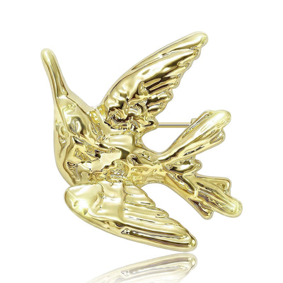 Front view of the flying hummingbird brooch in gold or silver tone with polished metal detail on a white background