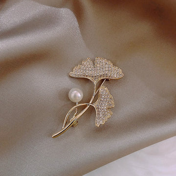 Gold Crystal Pave Ginkgo Leaf Brooch White Pearl Accent