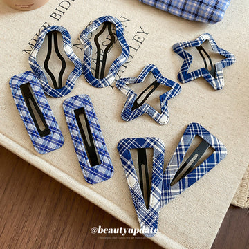 Blue White Plaid Fabric BB Snap Hair Clip 4 Shapes
